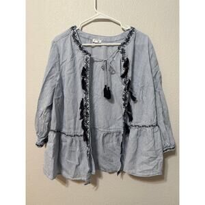 Westport Blue White Stripe Tassel Tie Neck Open Front‎ Over 100% Cotton Size: XL